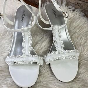 Nue Options Open Toe White Ruffled Strappy Heels, Size 7 1/2